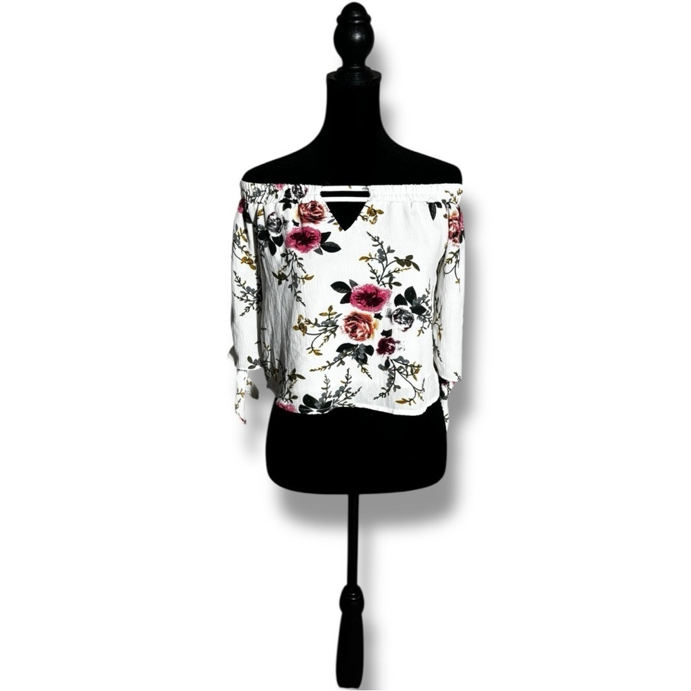 Unbranded Chic White Cotton Blend Floral Off-Shoulder 3/4 Tie Sleeves Blouse - Picture 2 of 16